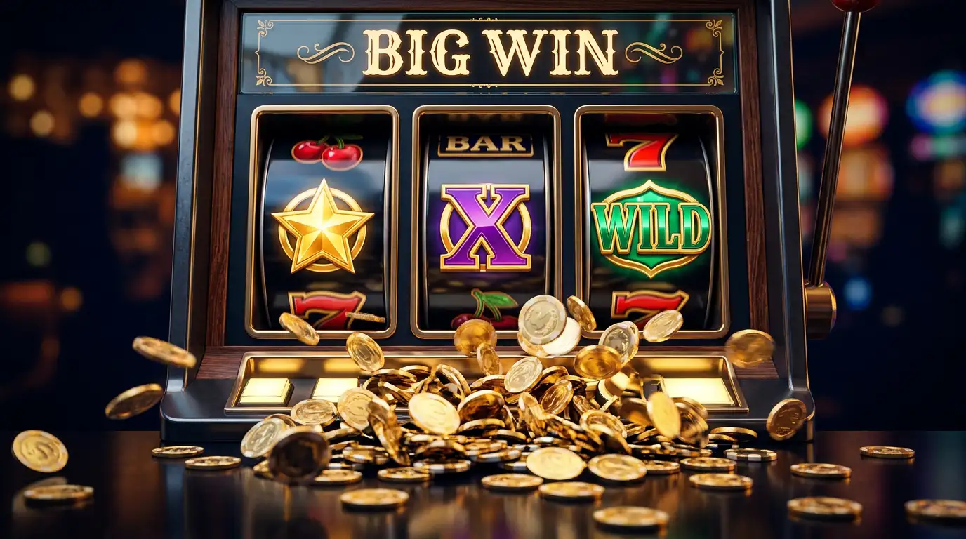 Colorful slot machine reels frozen mid-spin with glowing bonus symbols and scattered coins on a dark casino background