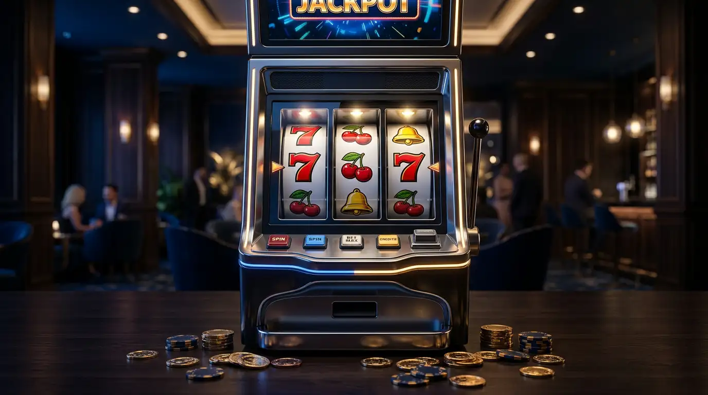 Spielautomaten mit Bonus ohne Einzahlung - Walzen und Symbole in stimmungsvoller Casino-Atmosphäre