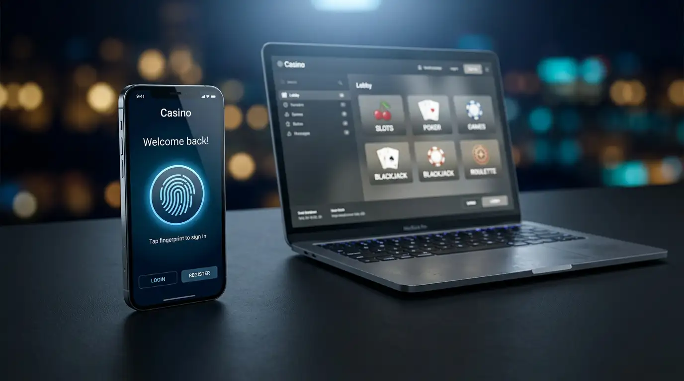 Smartphone showing a streamlined casino login screen with a fingerprint icon, placed on a dark surface beside a laptop