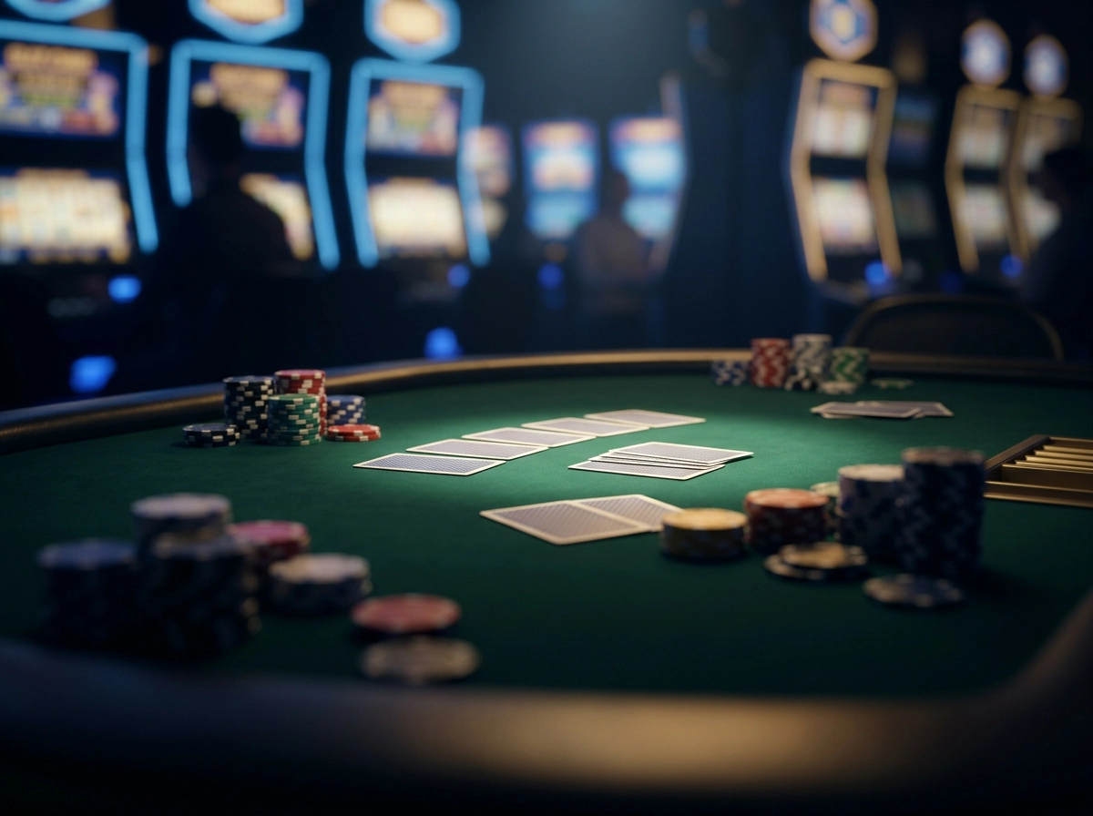 Table de casino en ligne avec jetons et cartes dans une ambiance premium aux tons verts et dores