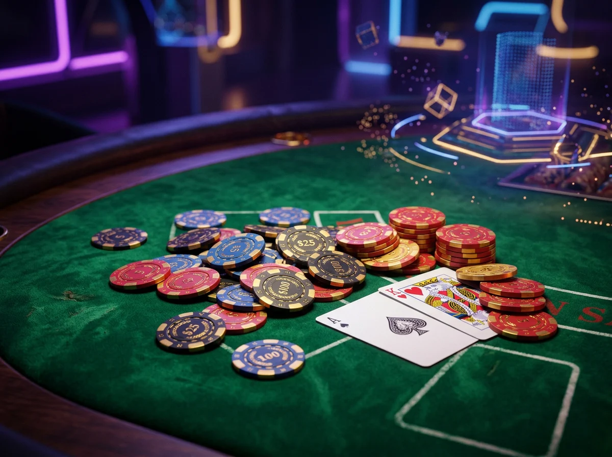 Mesa de casino elegante com fichas e cartas num ambiente digital moderno representando os novos casinos online em Portugal