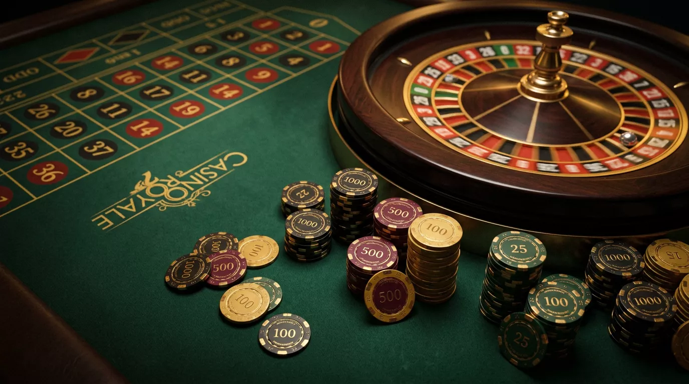 Mesa de casino en linea con fichas y ruleta en ambiente profesional de juego digital