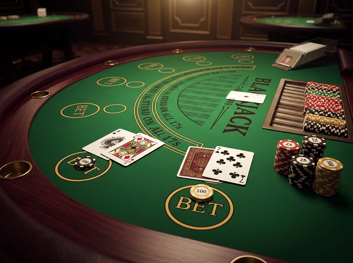 Online blackjack kartyajatek asztal zsetonokkal es kartyakkal professzionalis kaszino kornyezetben