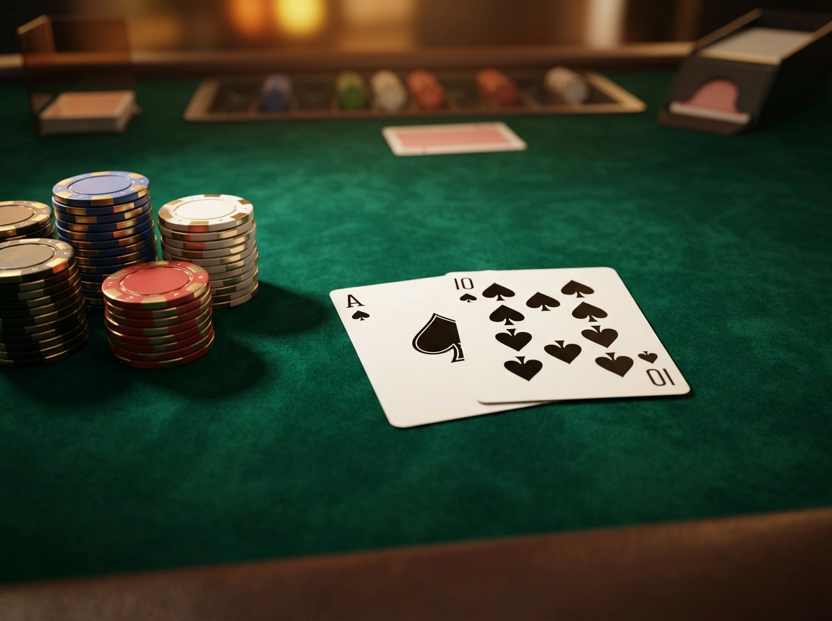 Hracie karty na zelenom stole v online blackjacku s profesionalnym osvetlenim