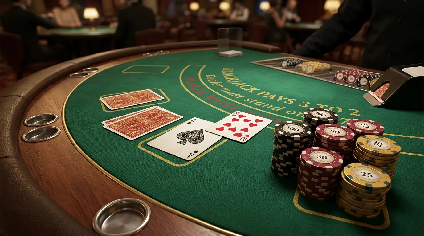 Online blackjack table with cards and chips arranged for a real money game of 21