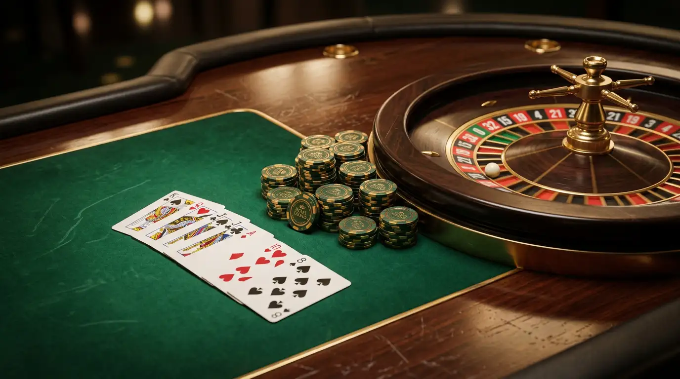 Symbolische Darstellung eines Online-Casino-Spieltisches mit Chips und Rouletterad in professioneller Beleuchtung