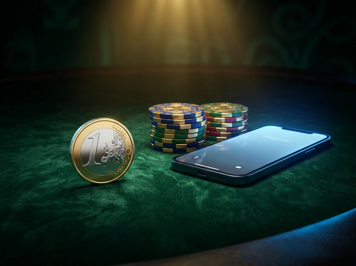 Een euromunt op een casinotafel naast gekleurde fiches en een smartphone met blauw schermgloed