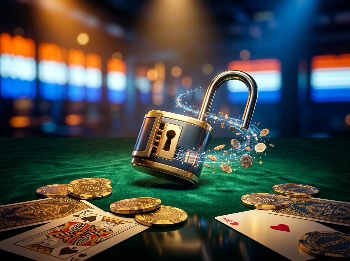 Online casino speeltafel met neonverlichting en Nederlandse gokthematiek zonder verificatieproces
