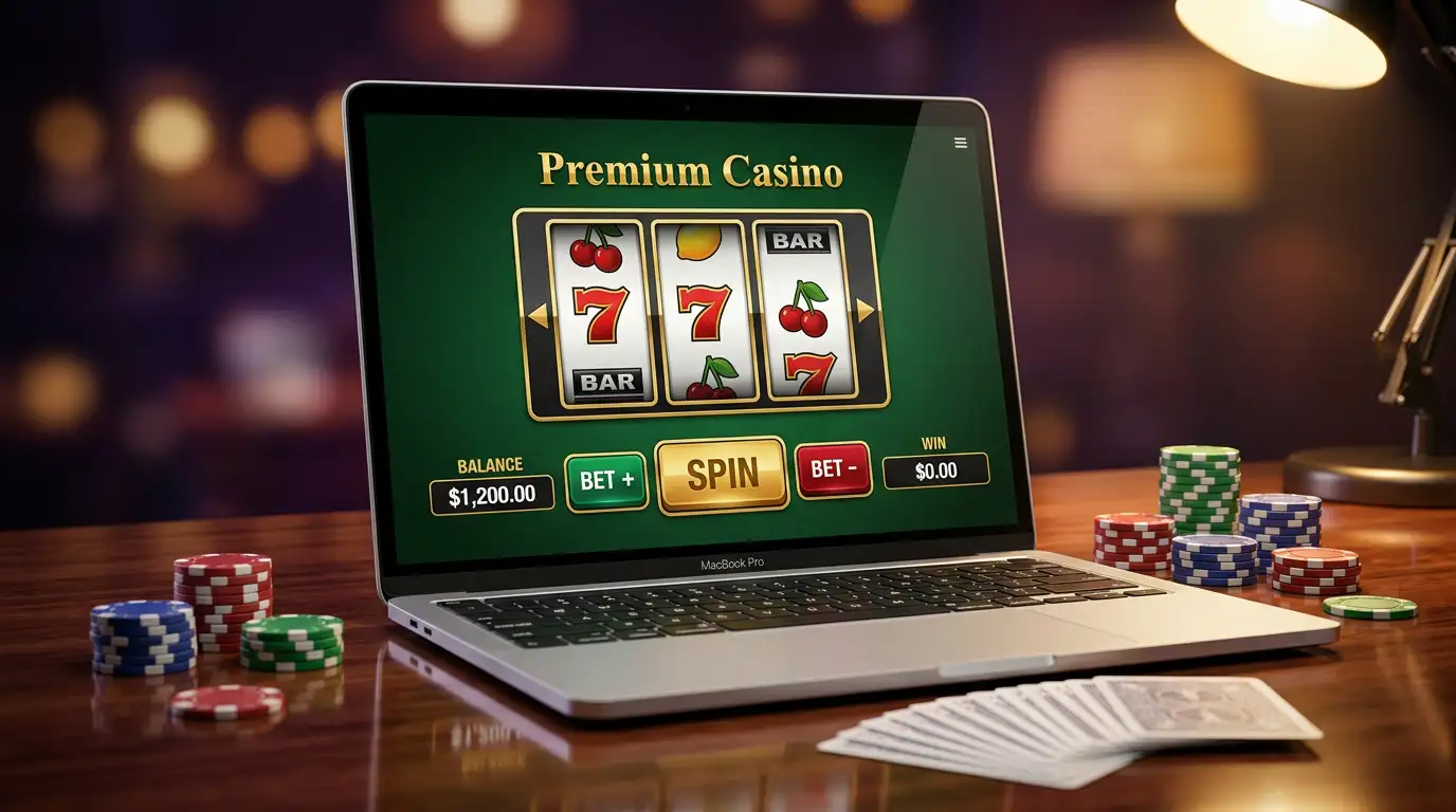 A laptop screen displaying a colorful casino interface surrounded by scattered poker chips and playing cards on a dark surface with warm ambient lighting
