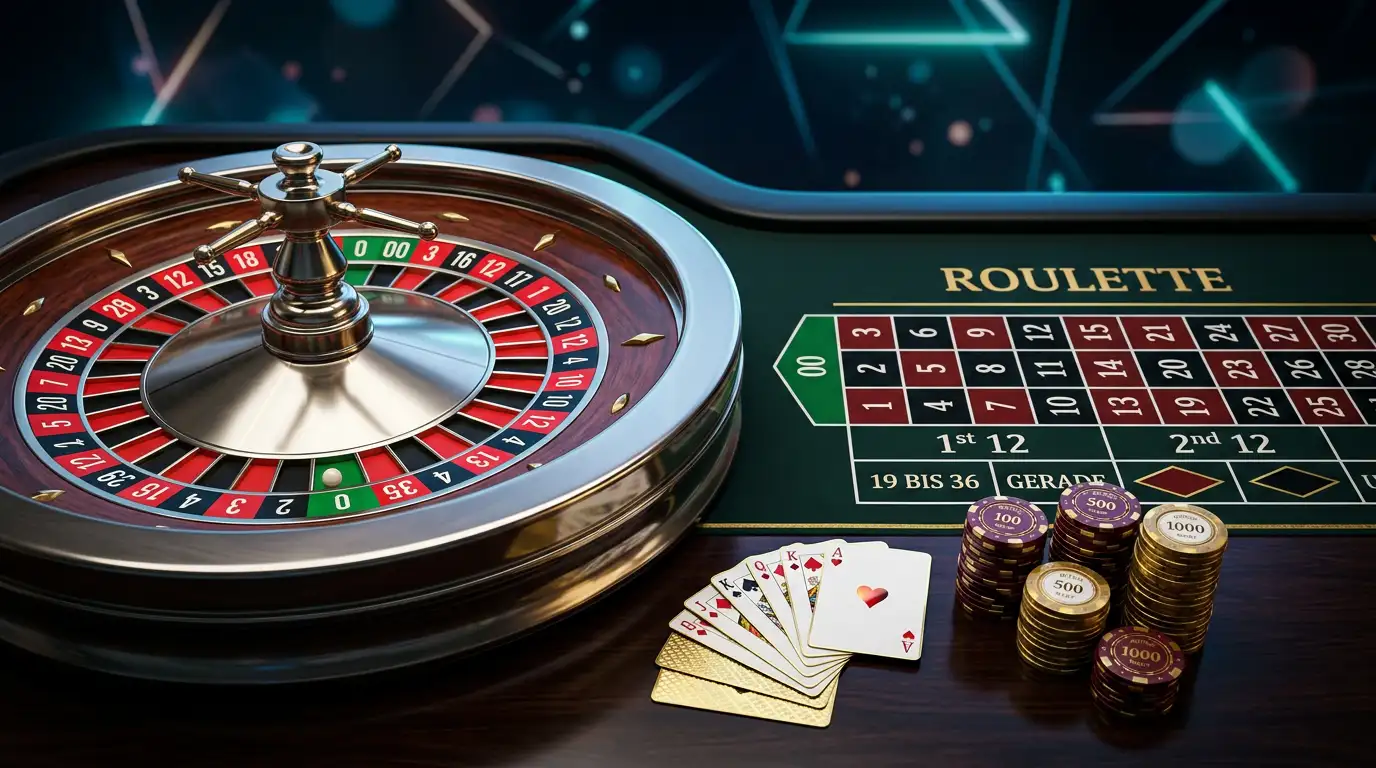Professionelle Darstellung einer digitalen Gluecksspielumgebung mit Roulettekessel und Spielkarten in elegantem Licht
