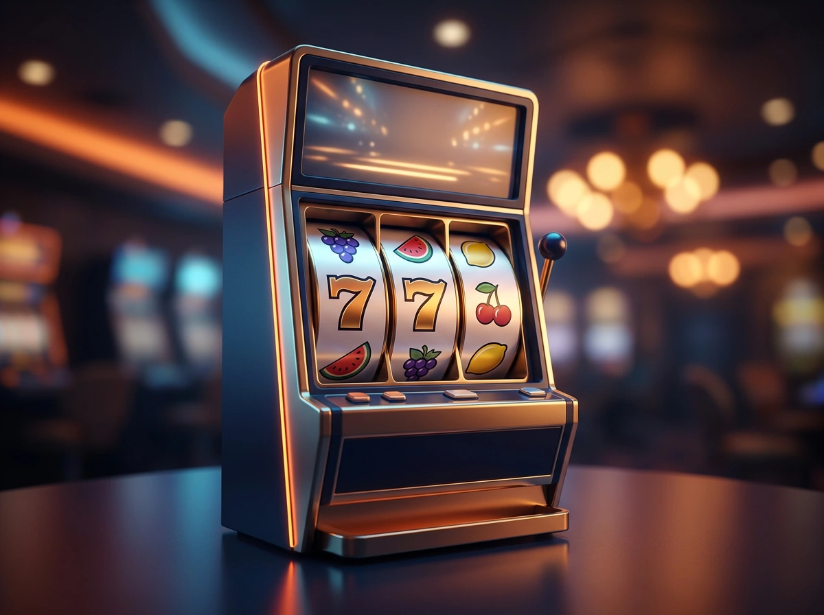 Gloeiende speelautomaat in een modern casino met neonverlichting in blauw en goud
