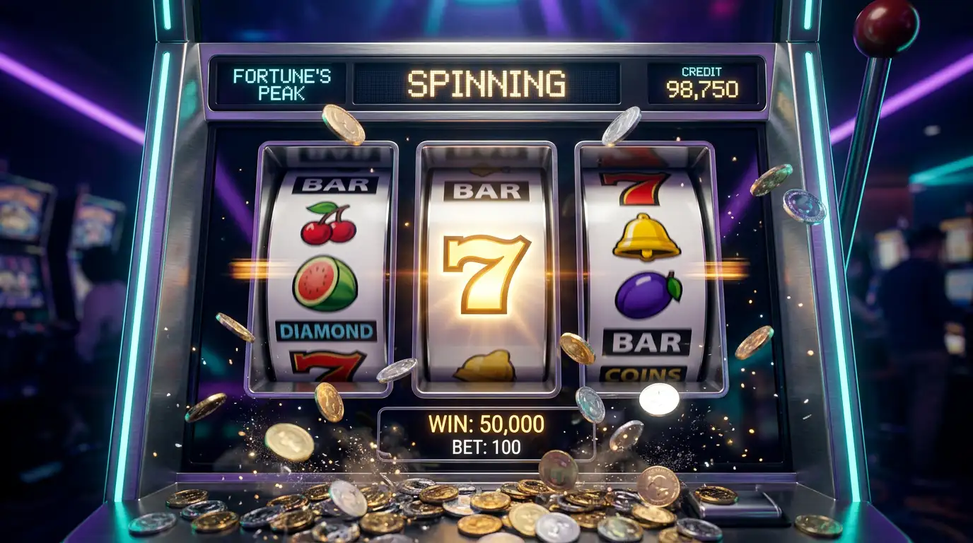 Colorful online slot machine reels with glowing symbols mid-spin on a digital screen