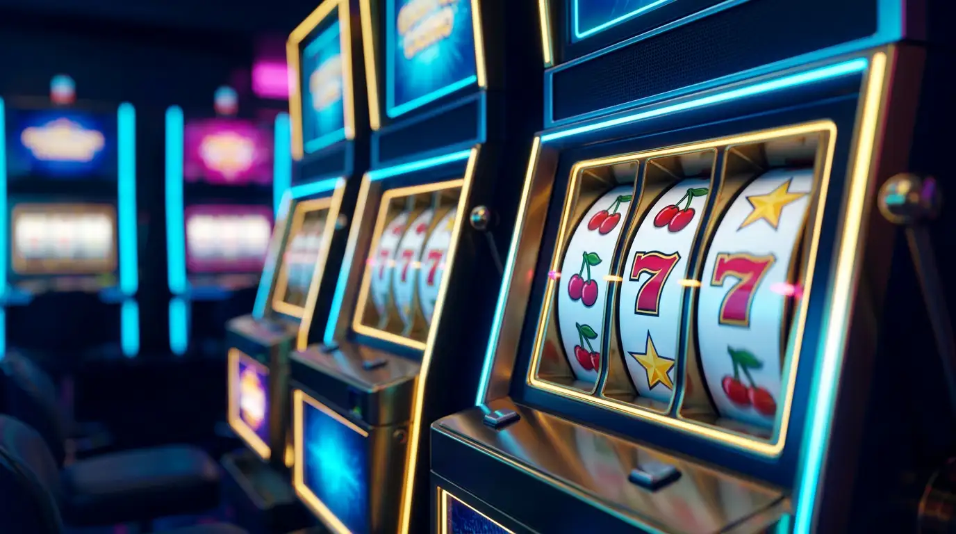 Hraci automaty v online kasinu s neonovym osvetlenim a rotujicimi valci