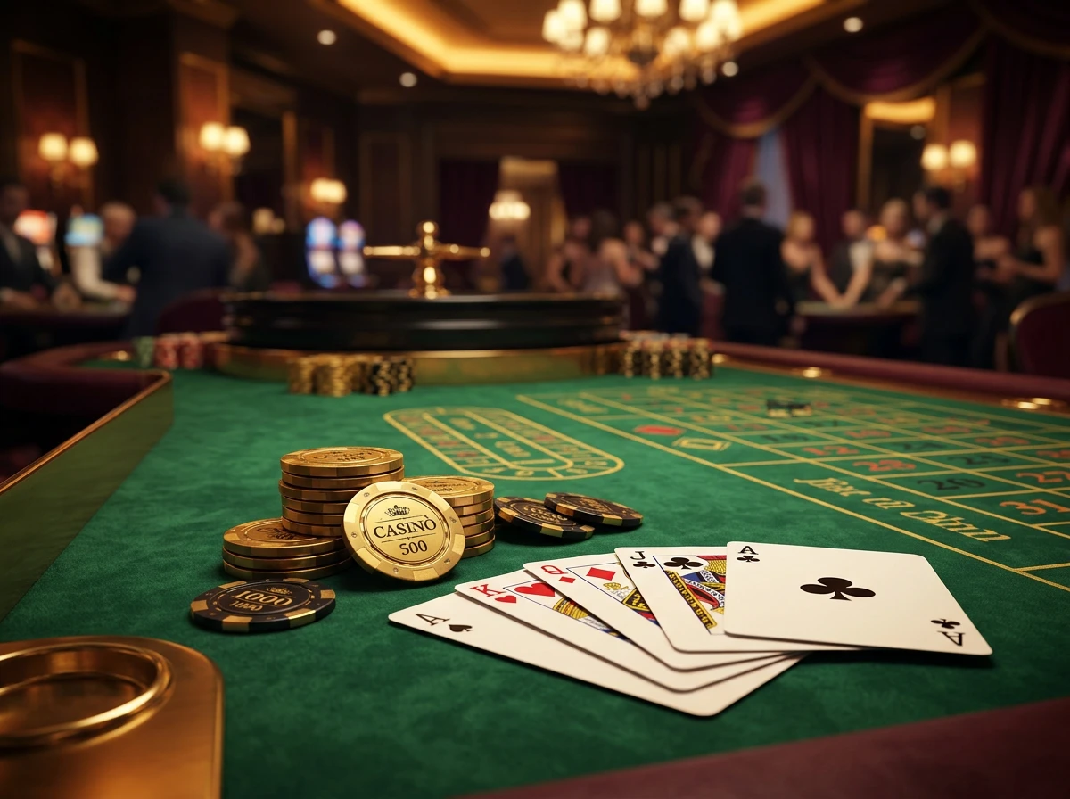 Tavolo da gioco illuminato con fiches e carte in un casino online italiano con atmosfera elegante