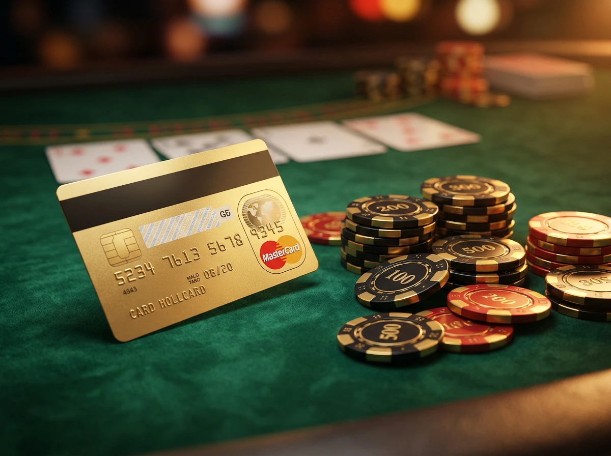 Cartao MasterCard dourado sobre mesa de casino com fichas e cartas, representando pagamentos seguros em casinos online portugueses