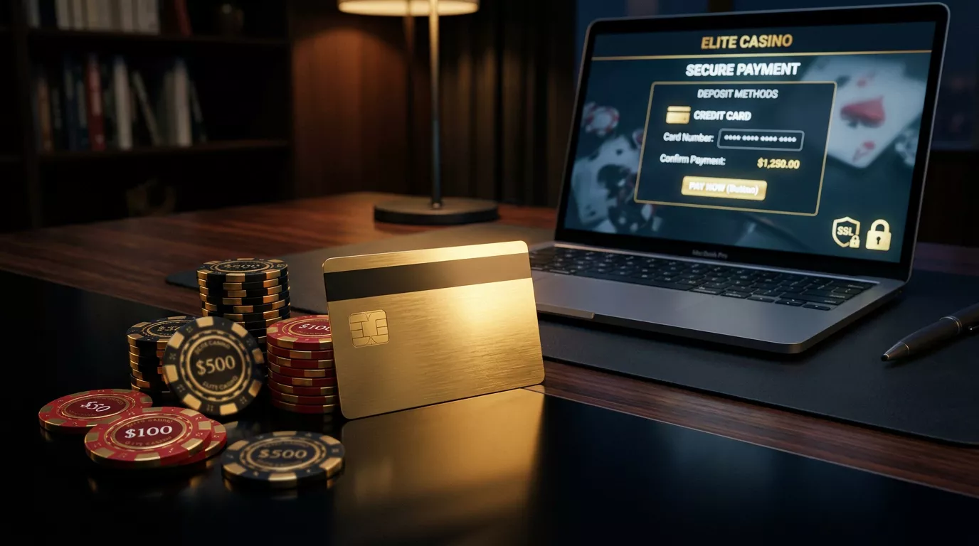 Tarjeta bancaria dorada junto a fichas de casino sobre superficie oscura representando pagos con MasterCard en casinos en linea