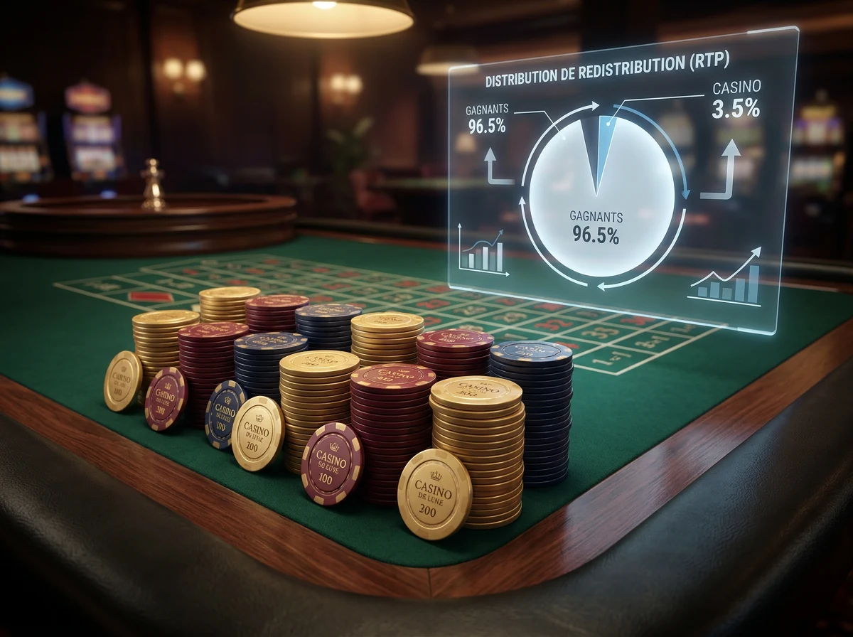 Jetons de casino et graphiques de pourcentage symbolisant le taux de redistribution dans les jeux en ligne