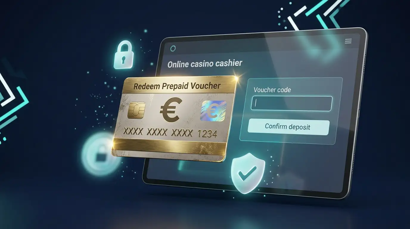 Paysafecard prepaid voucher with a 16-digit PIN code next to a digital casino deposit interface on a screen