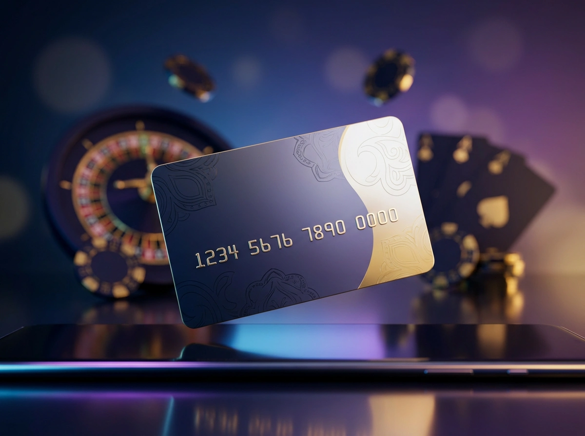 Paysafecard Prepaid-Gutschein neben einem Laptop mit Online-Casino-Oberflaeche in stimmungsvollem Licht
