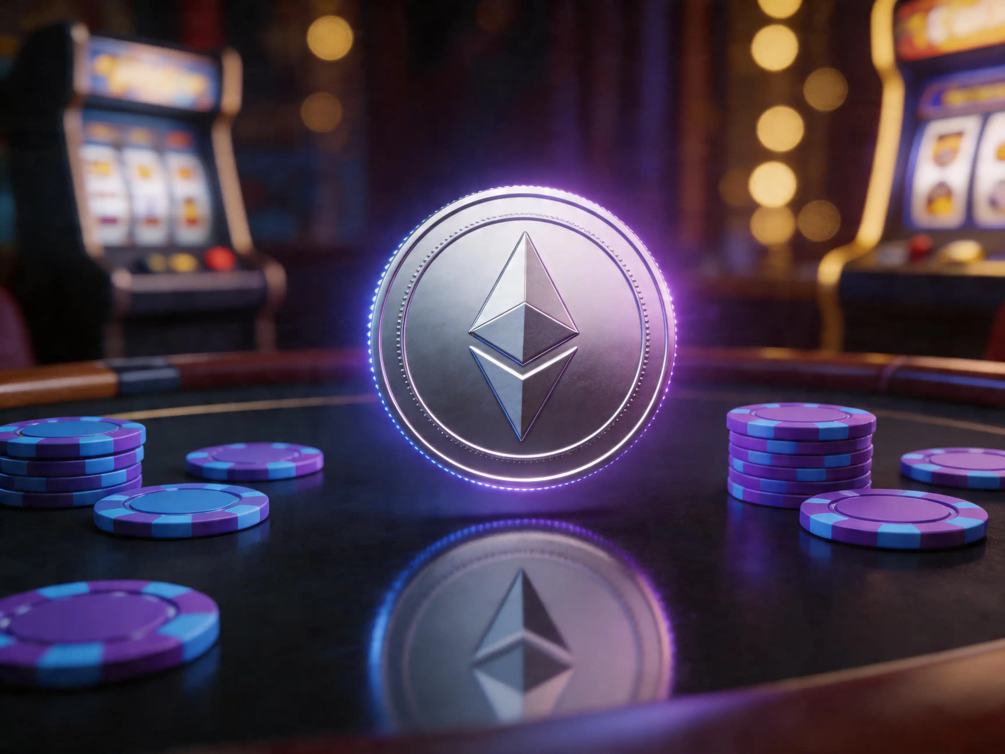 Simbol Ethereum pe fundal de jetoane de cazinou si lumini violet pentru plati in cazinourile online din Romania