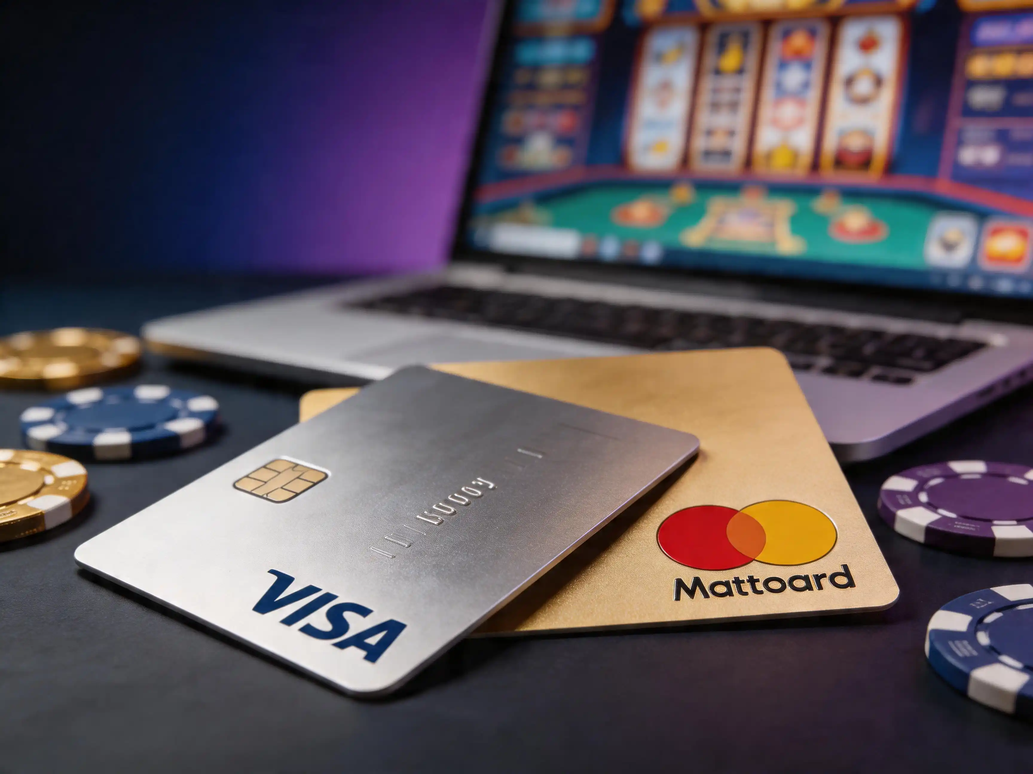 Card de credit Visa si Mastercard langa un laptop cu interfata de cazino online pe ecran