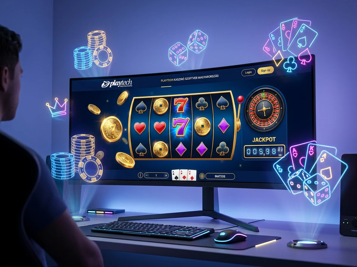 Playtech kaszino szoftver digitalis felulete neon szinekkel es jatekelemekkel