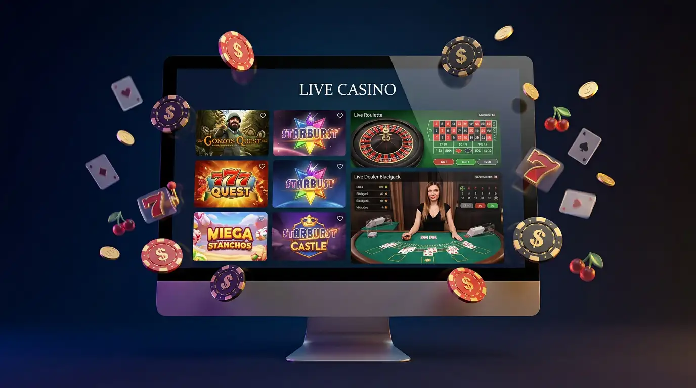 Digital casino interface powered by Playtech software displaying slot reels and live dealer table on a sleek screen
