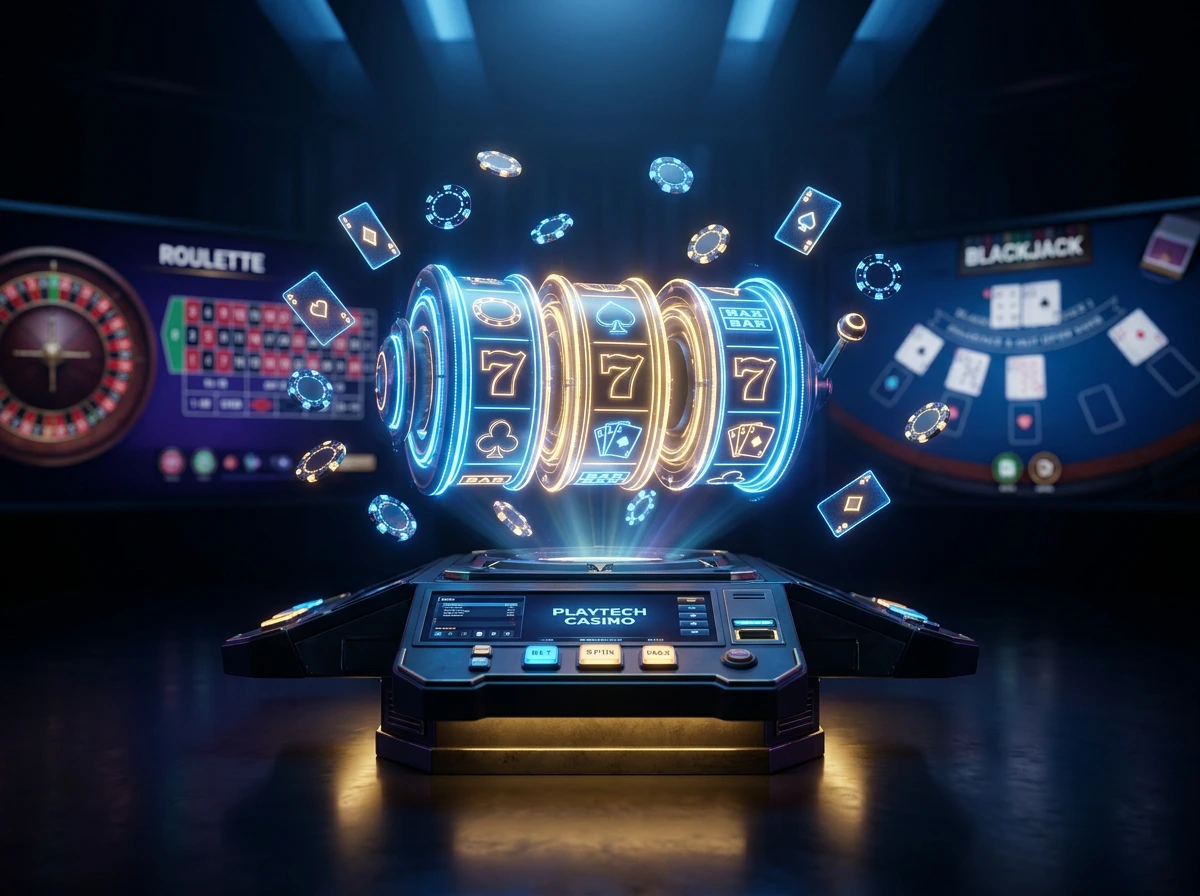 Playtech Casino Software mit Spielautomaten und digitaler Spieloberflaeche in atmosphaerischer Beleuchtung