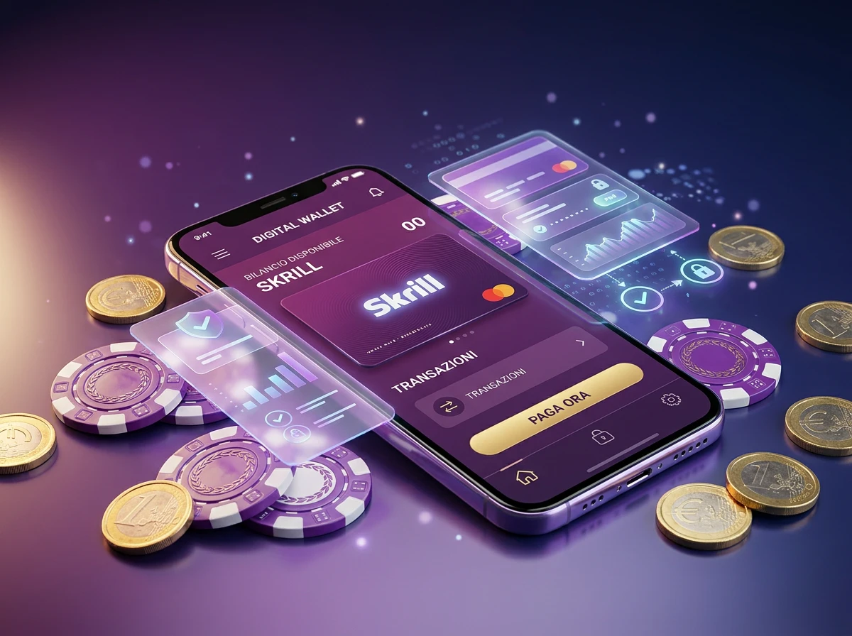 Portafoglio digitale Skrill per pagamenti nei casino online italiani con chip e carte su sfondo tecnologico