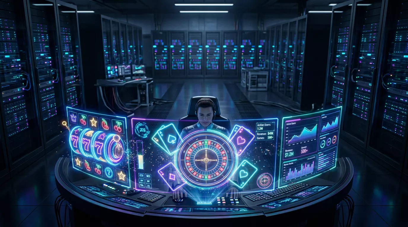 Centro de control futurista de una plataforma iGaming con elementos holograficos de juegos de casino flotando sobre una sala de servidores iluminada en tonos azules y violetas