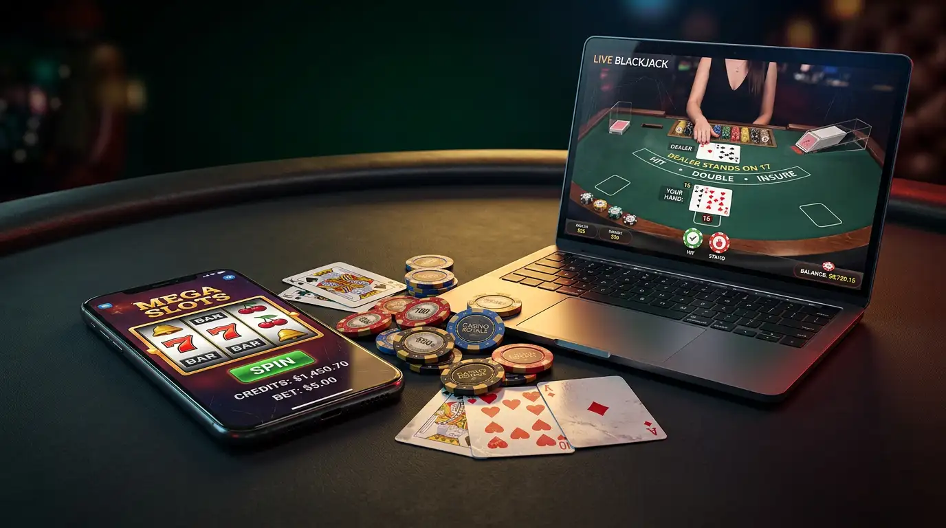 Smartphone and laptop screens showing online casino games with chips and cards on a dark gaming surface