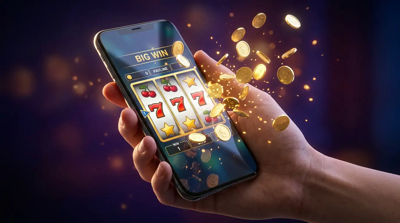 Smartphone displaying a colorful slot machine game with spinning reels and casino chip icons floating around the screen