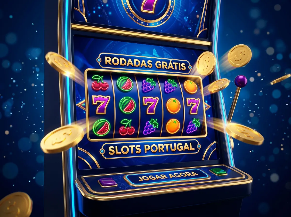 Maquina de slot online a exibir simbolos coloridos com moedas douradas a flutuar num ambiente de casino digital
