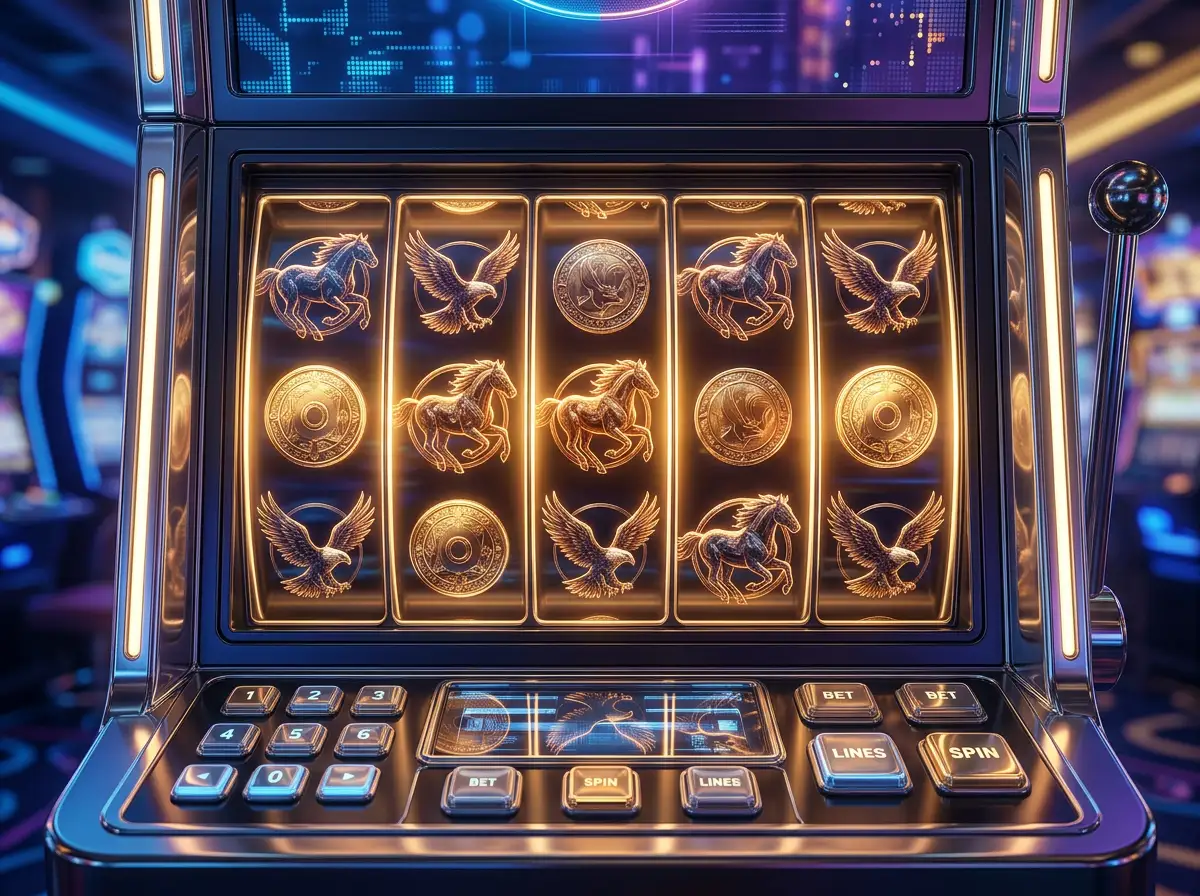 Rulli di slot machine Ainsworth illuminati in una sala da gioco digitale con atmosfera professionale