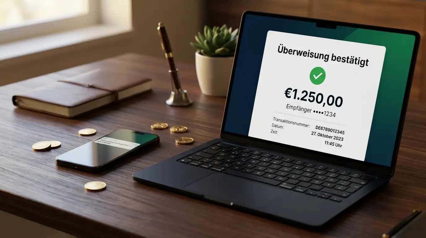 Schnelle Auszahlung im Online-Casino - digitale Zahlung am Laptop mit Gewinnanzeige
