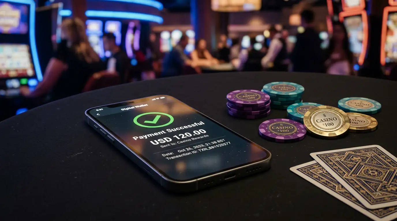 Skrill digital wallet interface on a smartphone screen with casino chips and cards in the background
