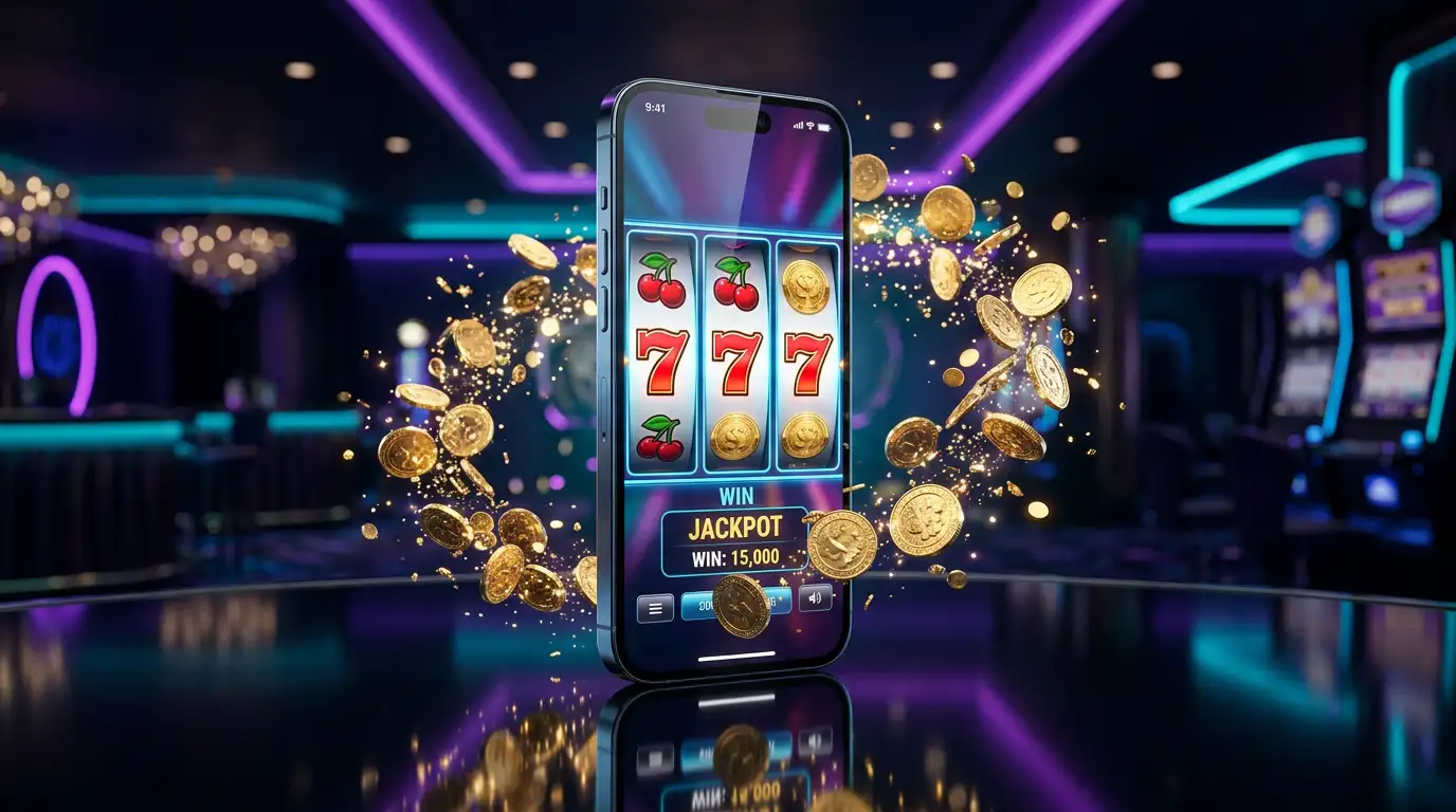 Mobilni telefon s otevrenou casino aplikaci a zobrazenim vyherniho automatu na obrazovce v temnem prostoru s neonovymi odlesky