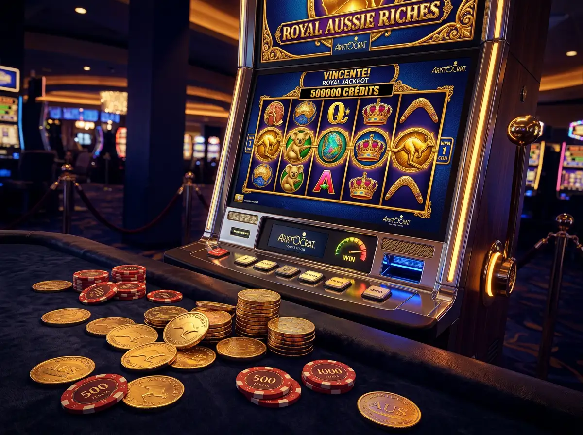 Slot machine Aristocrat con simboli dorati in un ambiente di casino premium con illuminazione ambrata