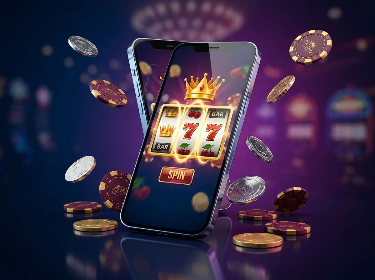 Smartphone con interfaccia di slot online su sfondo di luci al neon in stile casinò