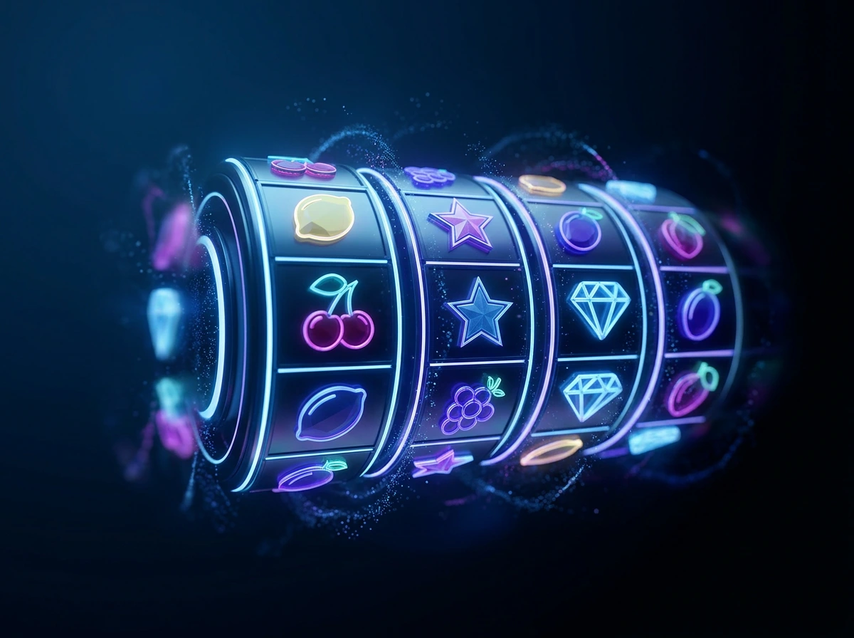 Rulli di una slot machine online illuminati in un ambiente digitale con effetti di luce al neon