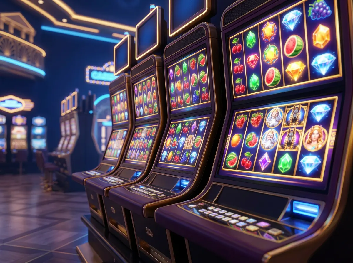 Slot machine WMS Gaming in un ambiente da casino online con luci al neon e rulli digitali
