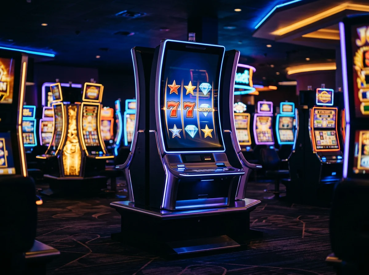 Maquinas de slot Aristocrat com simbolos coloridos e luzes de casino em ambiente elegante