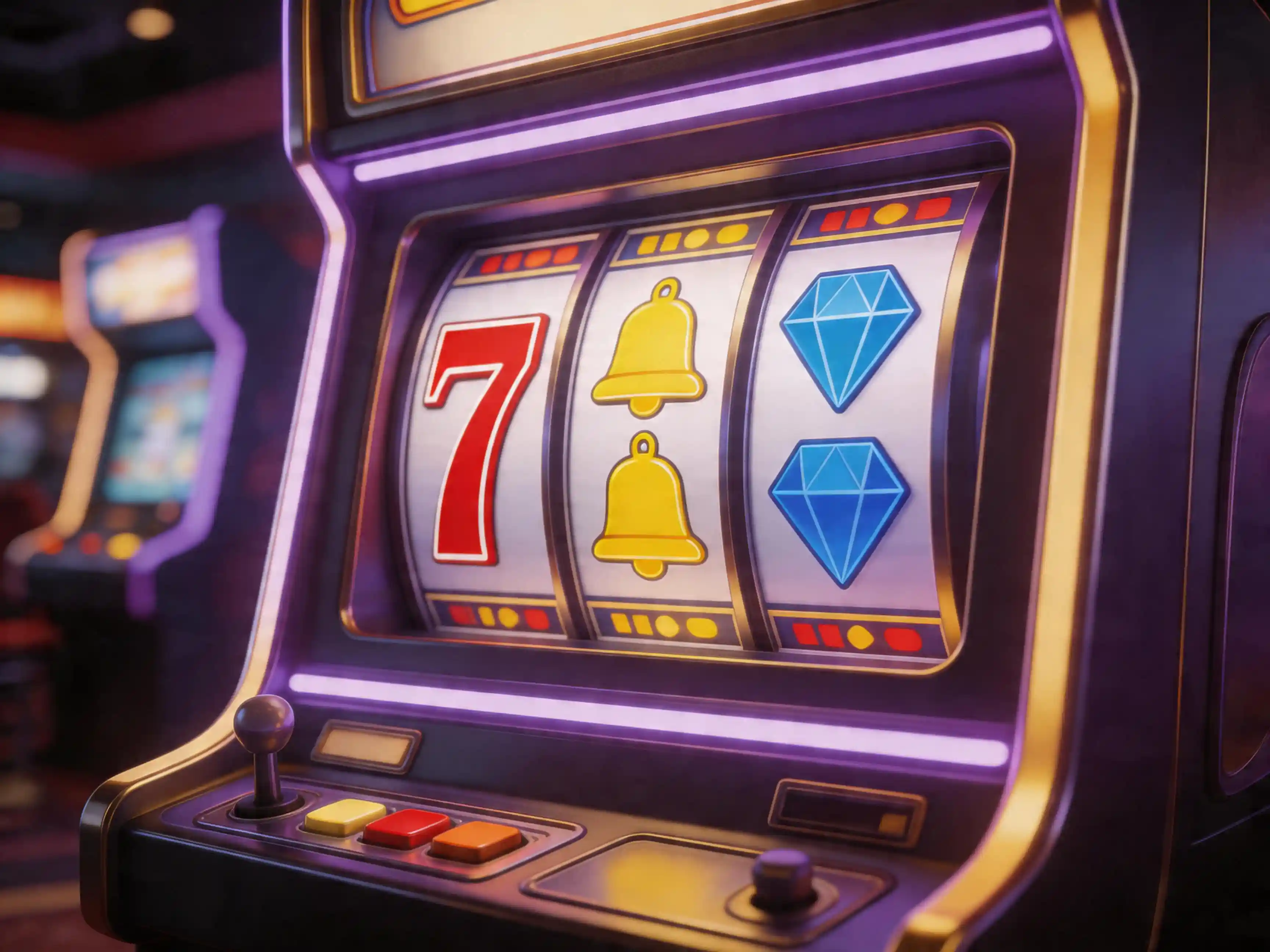 Ecran de slot online cu simboluri colorate si lumini in stilul cazinourilor din Romania