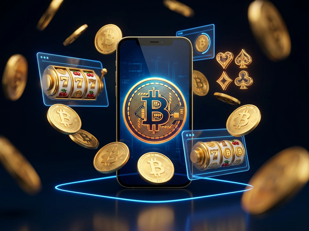 Pametni telefon z Bitcoin simbolom in elementi mobilne igralnice na temnem ozadju z zlatimi odtenki