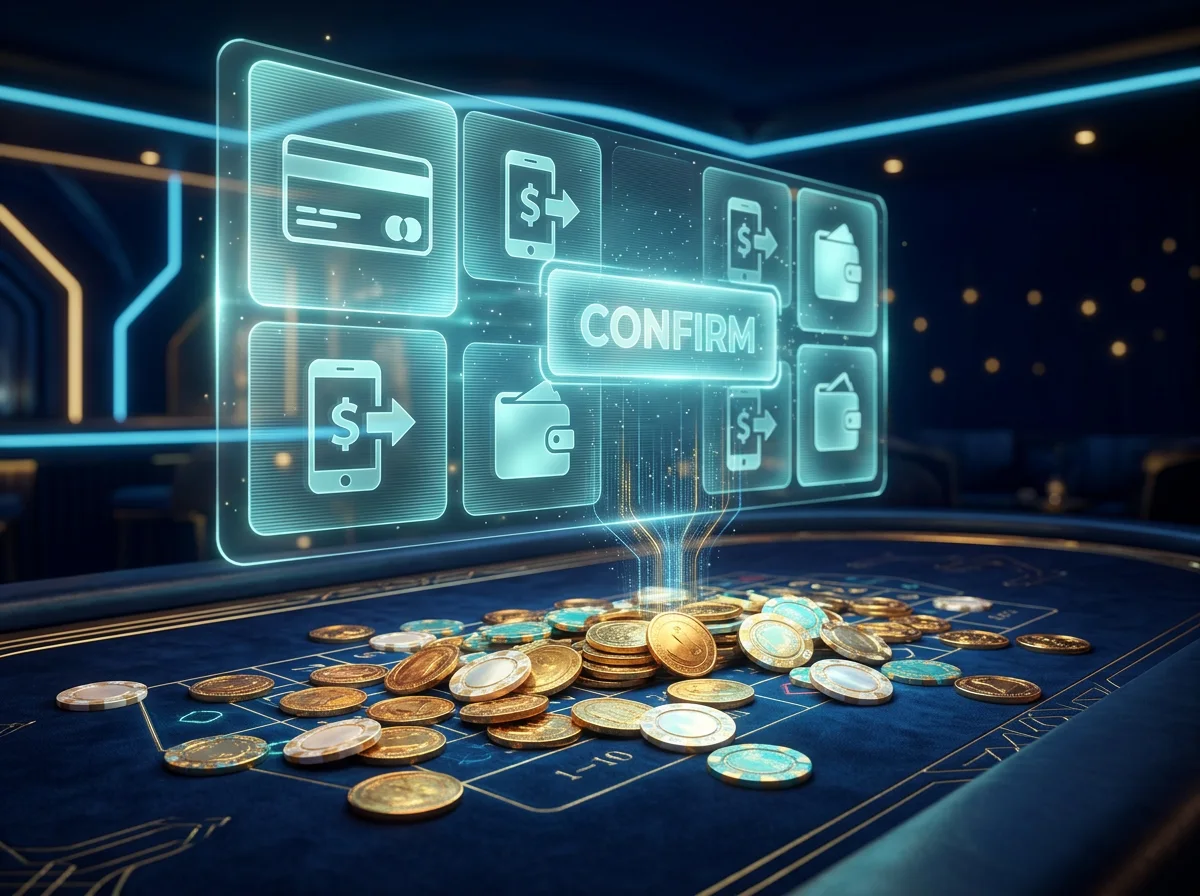 Gouden munten en fiches op een speeltafel met digitale betaalinterface in neonlicht
