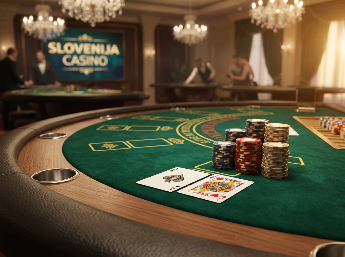 Spletni blackjack v slovenskih spletnih igralnicah - karte in žetoni na zeleni mizi