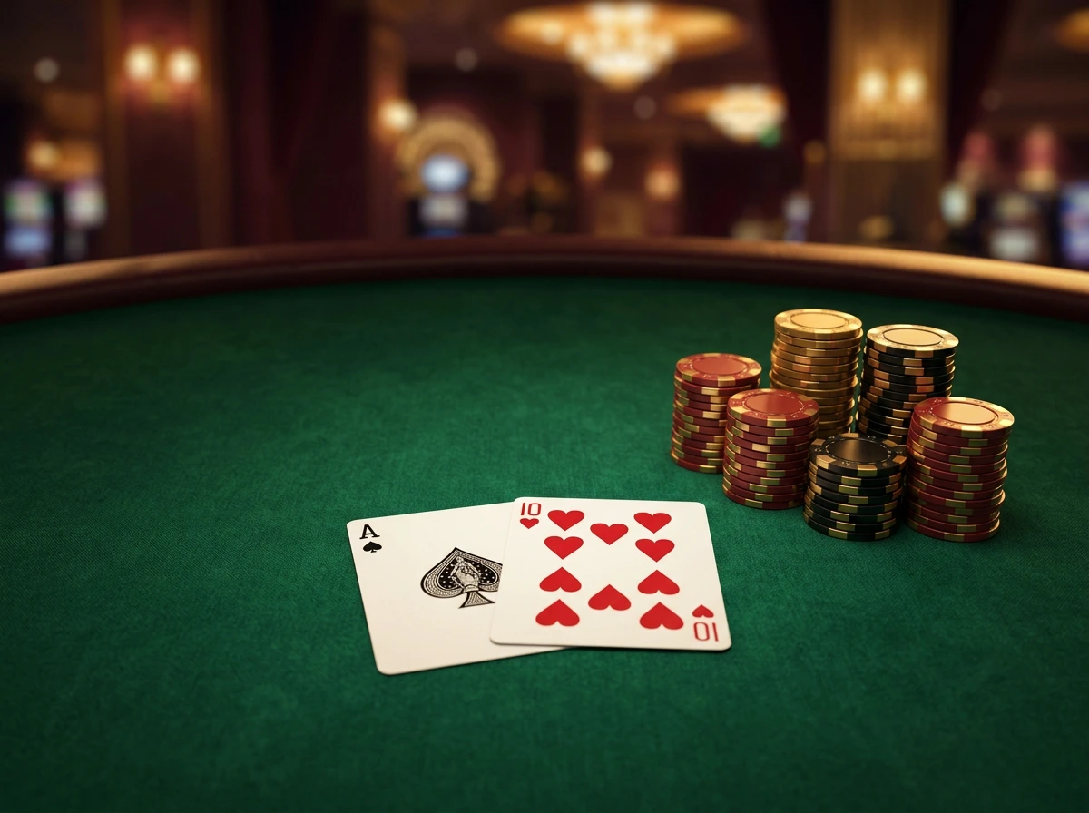 Tavolo da blackjack online con carte, fiches e panno verde in stile casino italiano
