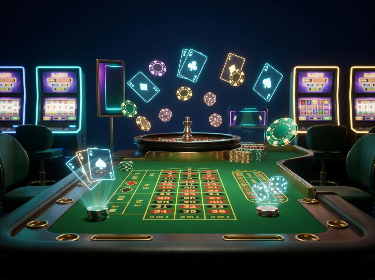 Tavolo da casino digitale con elementi grafici del software Playtech illuminato da luci al neon