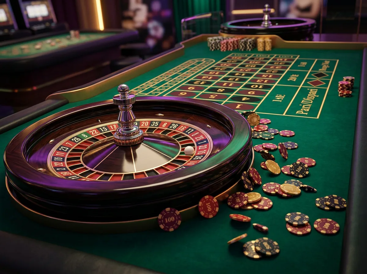 Tavolo da gioco con roulette e fiches in un casino online italiano con luci al neon