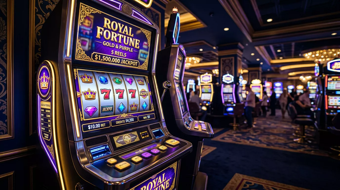 Salon de casino con maquinas tragamonedas Aristocrat iluminadas con luces neon doradas y violetas